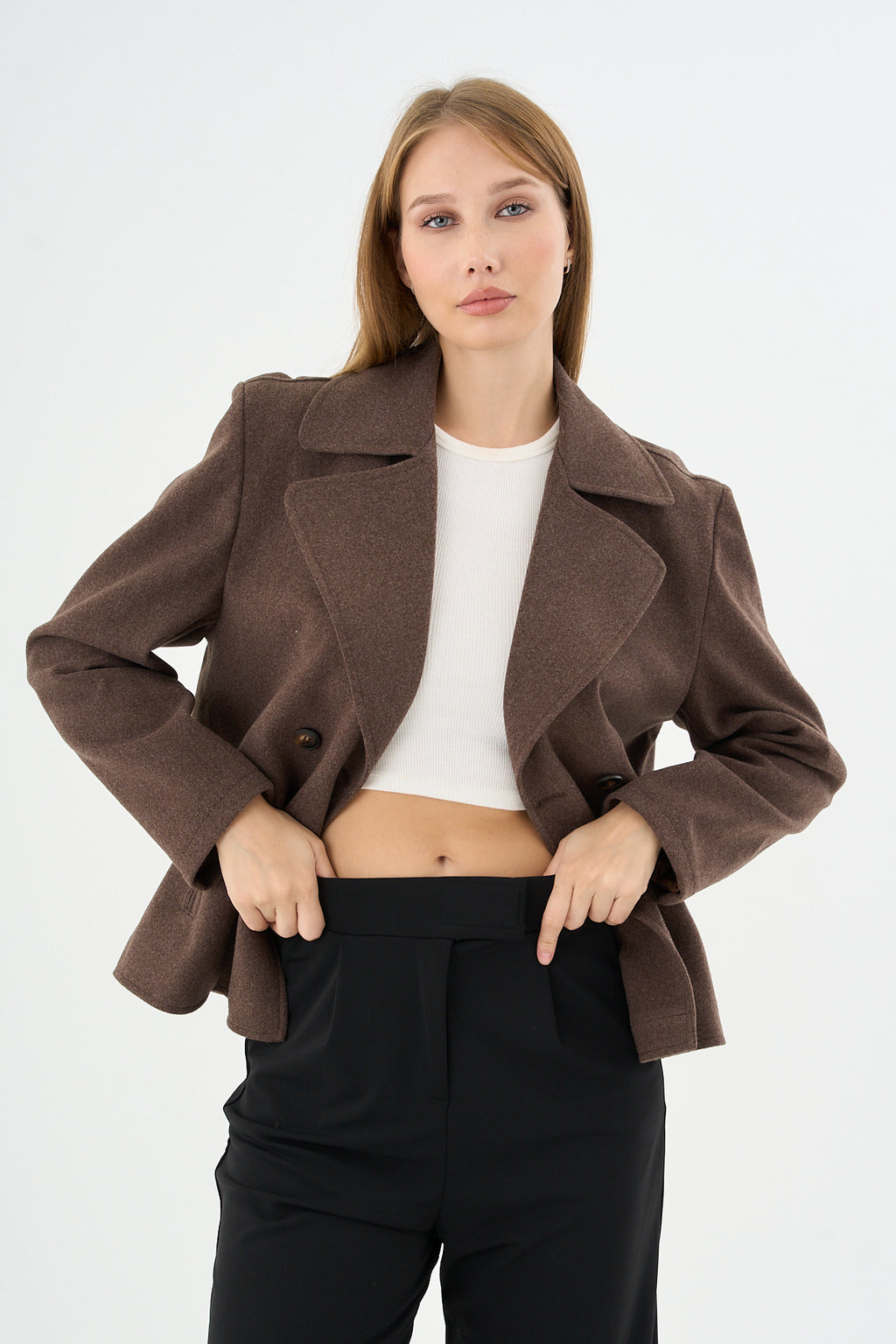 Kadın Oversize  Kruvaze Kaşe Mont Ceket Kahverengi