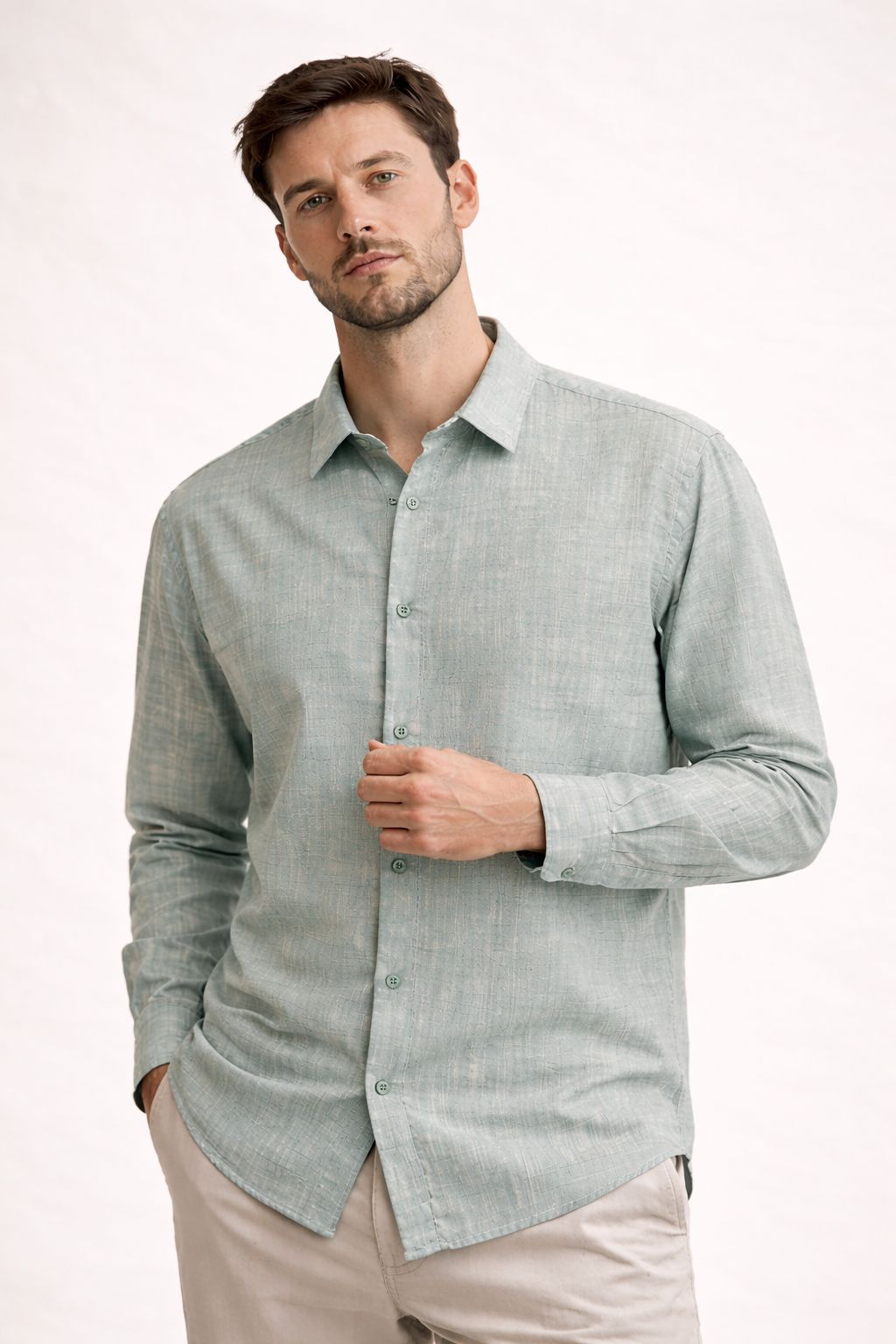 Premium Flamlı Pamuklu Keten Görünümlü Erkek Gömlek Petrol Yeşili
