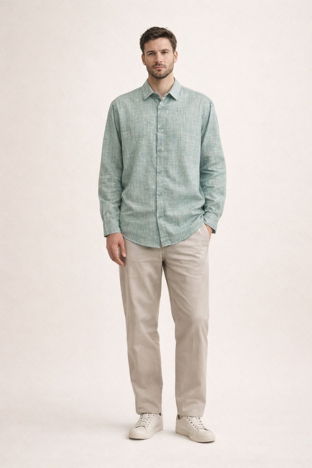 Premium Flamlı Pamuklu Keten Görünümlü Erkek Gömlek Petrol Yeşili