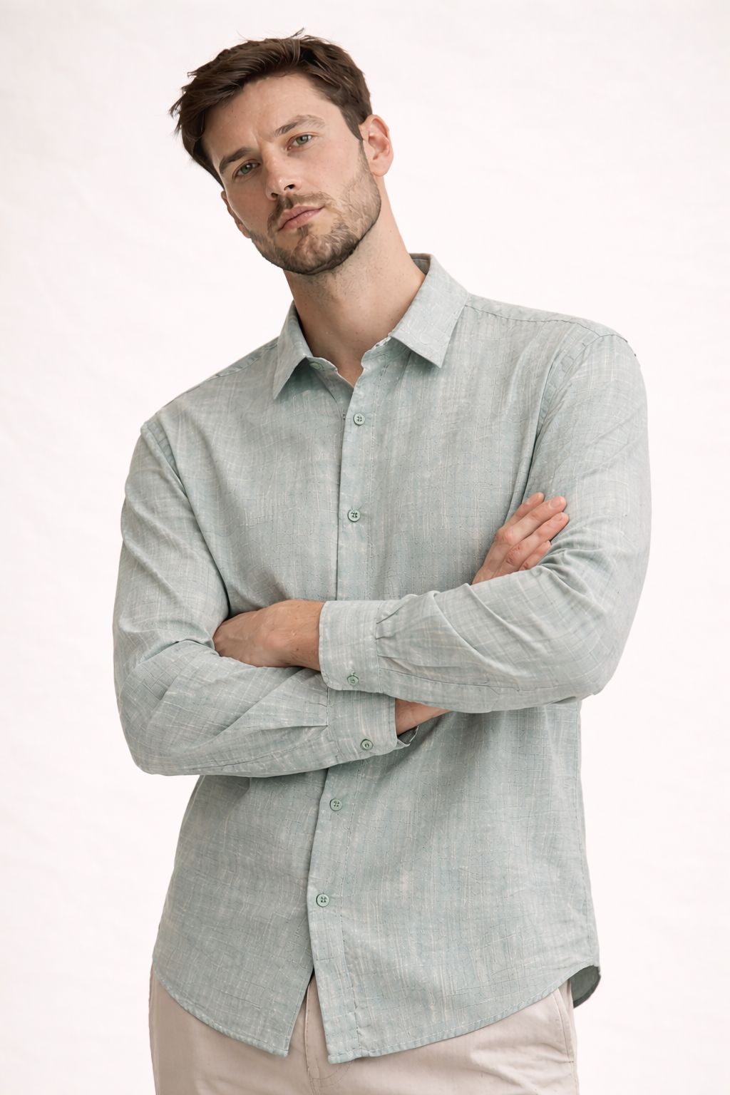 Premium Flamlı Pamuklu Keten Görünümlü Erkek Gömlek Petrol Yeşili