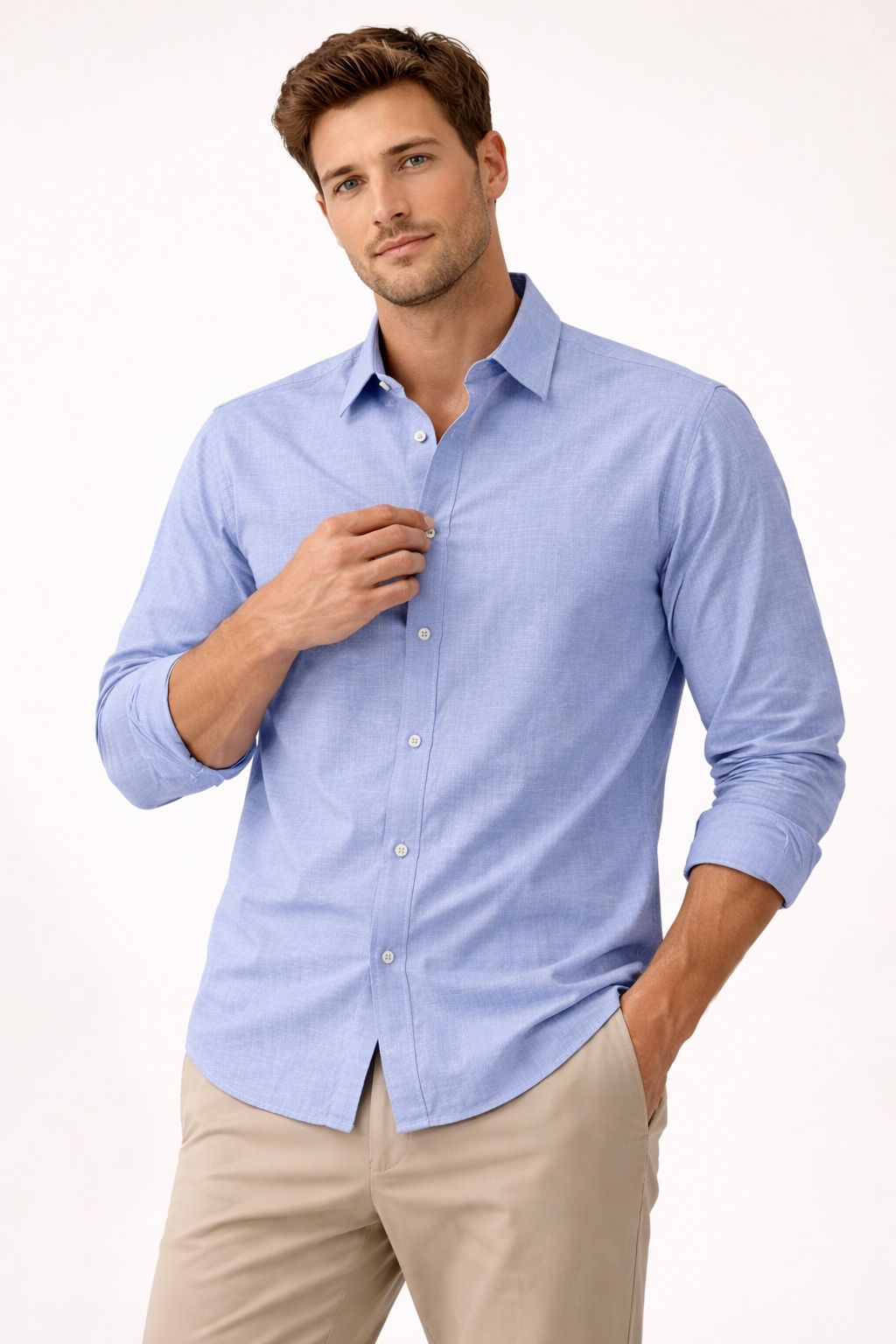 Premium Flamlı Pamuklu Keten Görünümlü Erkek Gömlek Mavi