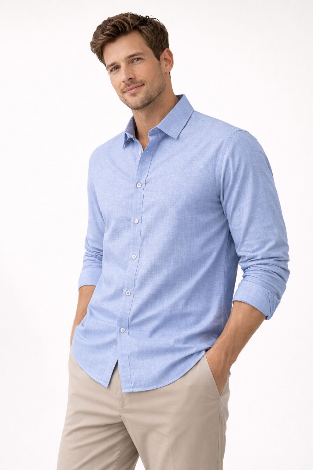 Premium Flamlı Pamuklu Keten Görünümlü Erkek Gömlek Mavi